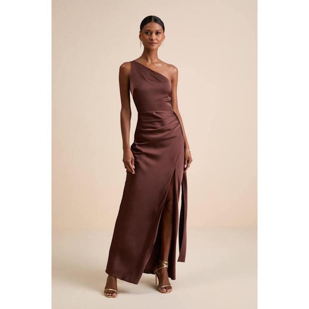 Lulus Signature Elegance Chocolate Brown Satin One-shoulder Maxi Dress - Size M